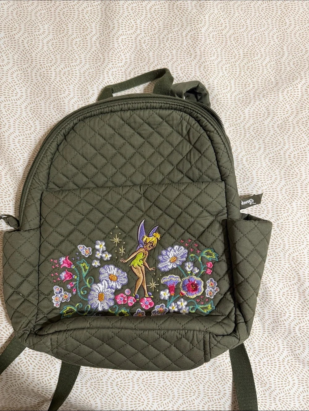 Disney Olive Green Quilted Backpack with Tinker Bell Floral Embroidery