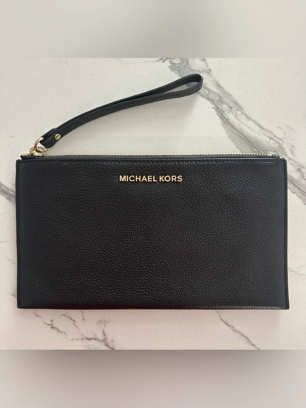 Michael Kors Black Pebbled Leather Wristlet with Gold Logo