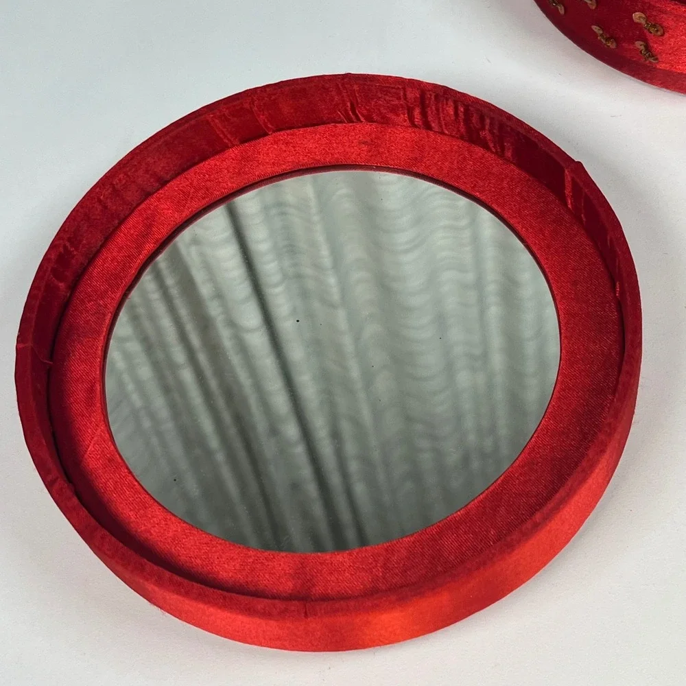 Jewelry Box Red Women Beaded Satin Round Mirror Cross 6.25 in DIA x 2.75 in H