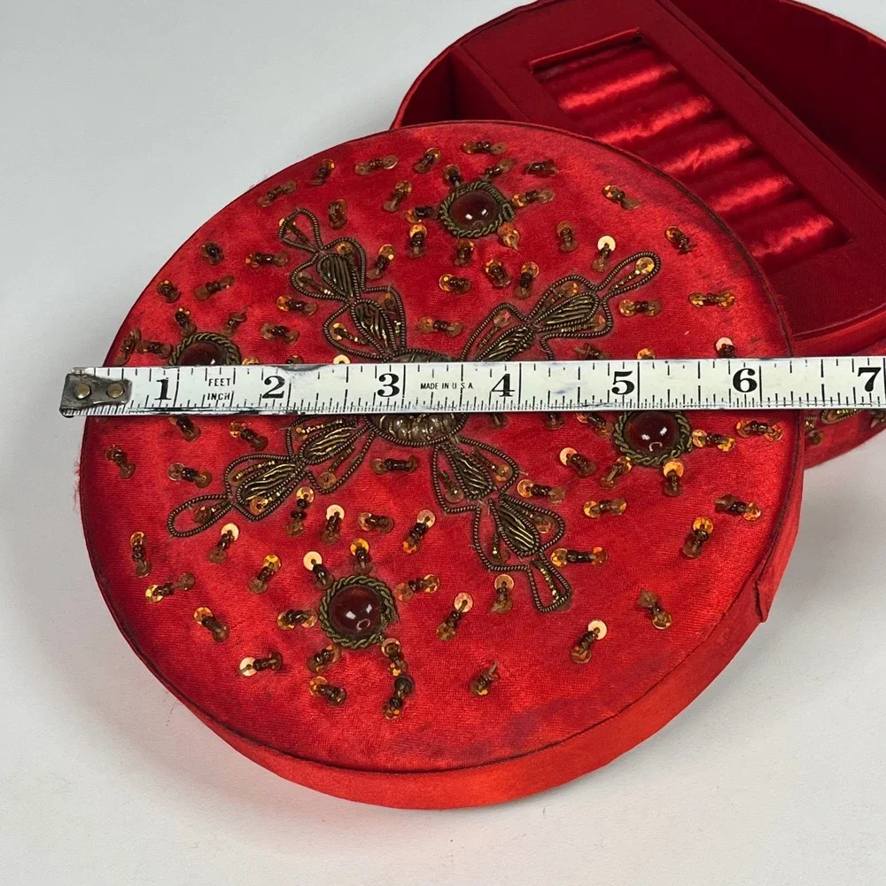 Jewelry Box Red Women Beaded Satin Round Mirror Cross 6.25 in DIA x 2.75 in H