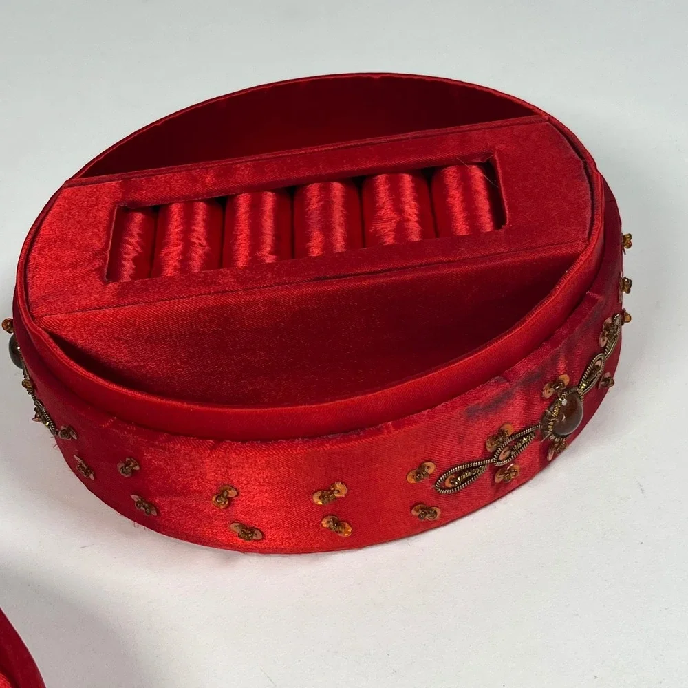 Jewelry Box Red Women Beaded Satin Round Mirror Cross 6.25 in DIA x 2.75 in H