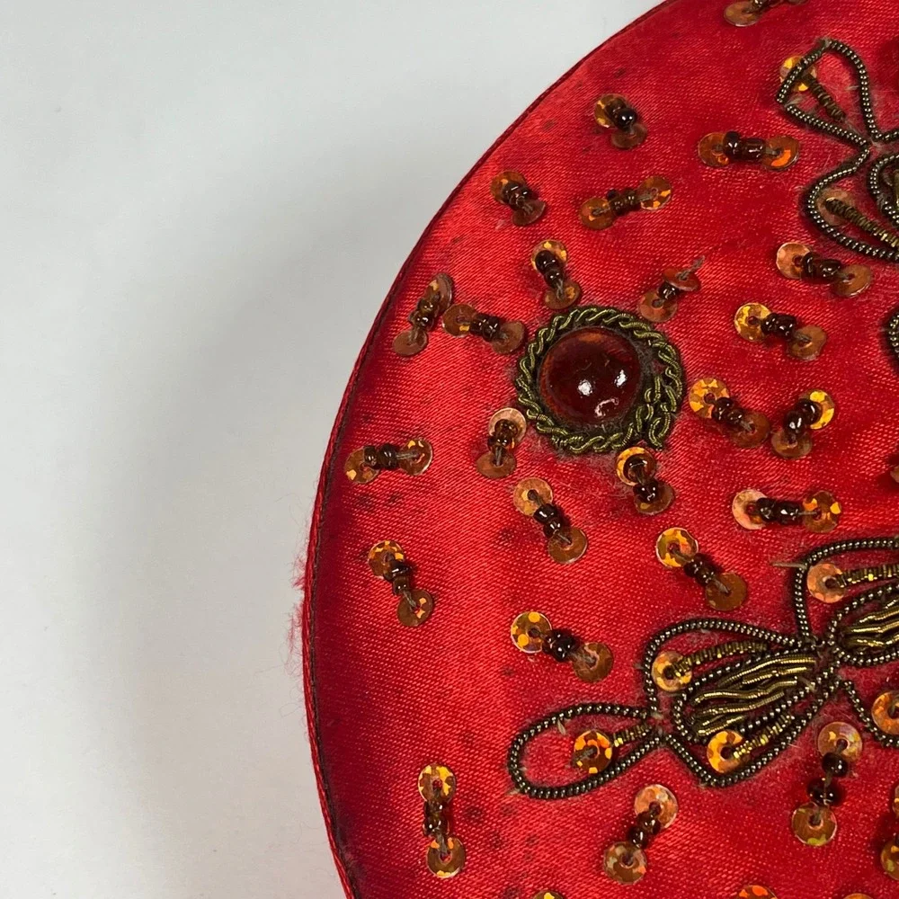 Jewelry Box Red Women Beaded Satin Round Mirror Cross 6.25 in DIA x 2.75 in H