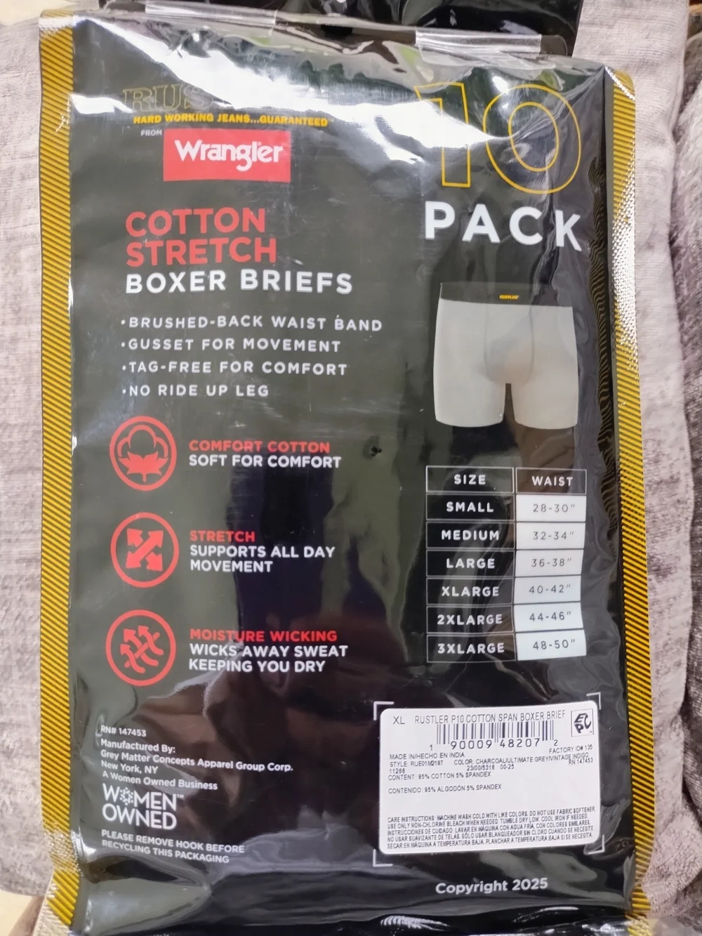 NWT Wrangler Cotton Stretch Boxer Briefs, Pack Of 10, Size XL (40-42)