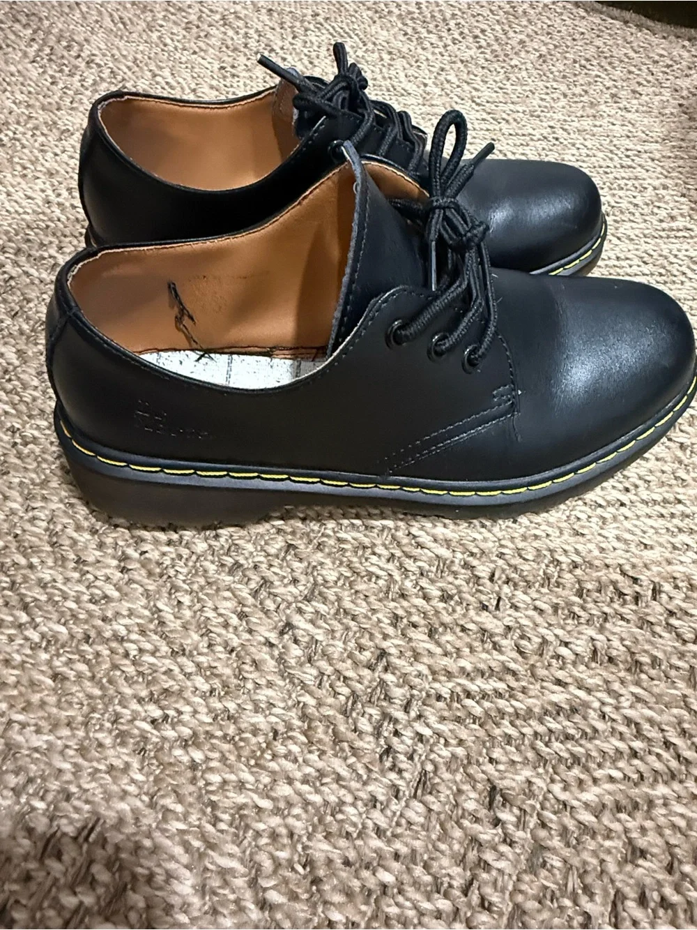 Dr. Martens Black Leather 3-Eye Derby Shoes with Yellow Stitching