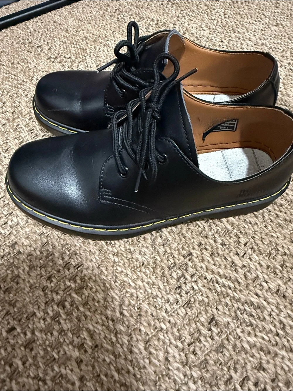 Dr. Martens Black Leather 3-Eye Derby Shoes with Yellow Stitching