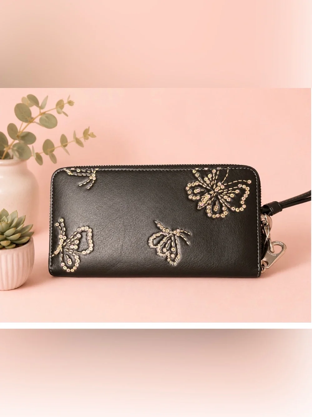 Coach Black Sequin Butterfly Continental Wallet