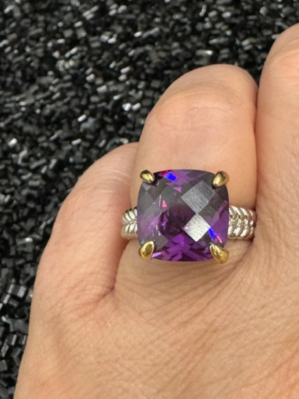 18K White Gold & Yellow Gold Filled Purple AAA CZ Statement Ring Size 7 NWOT