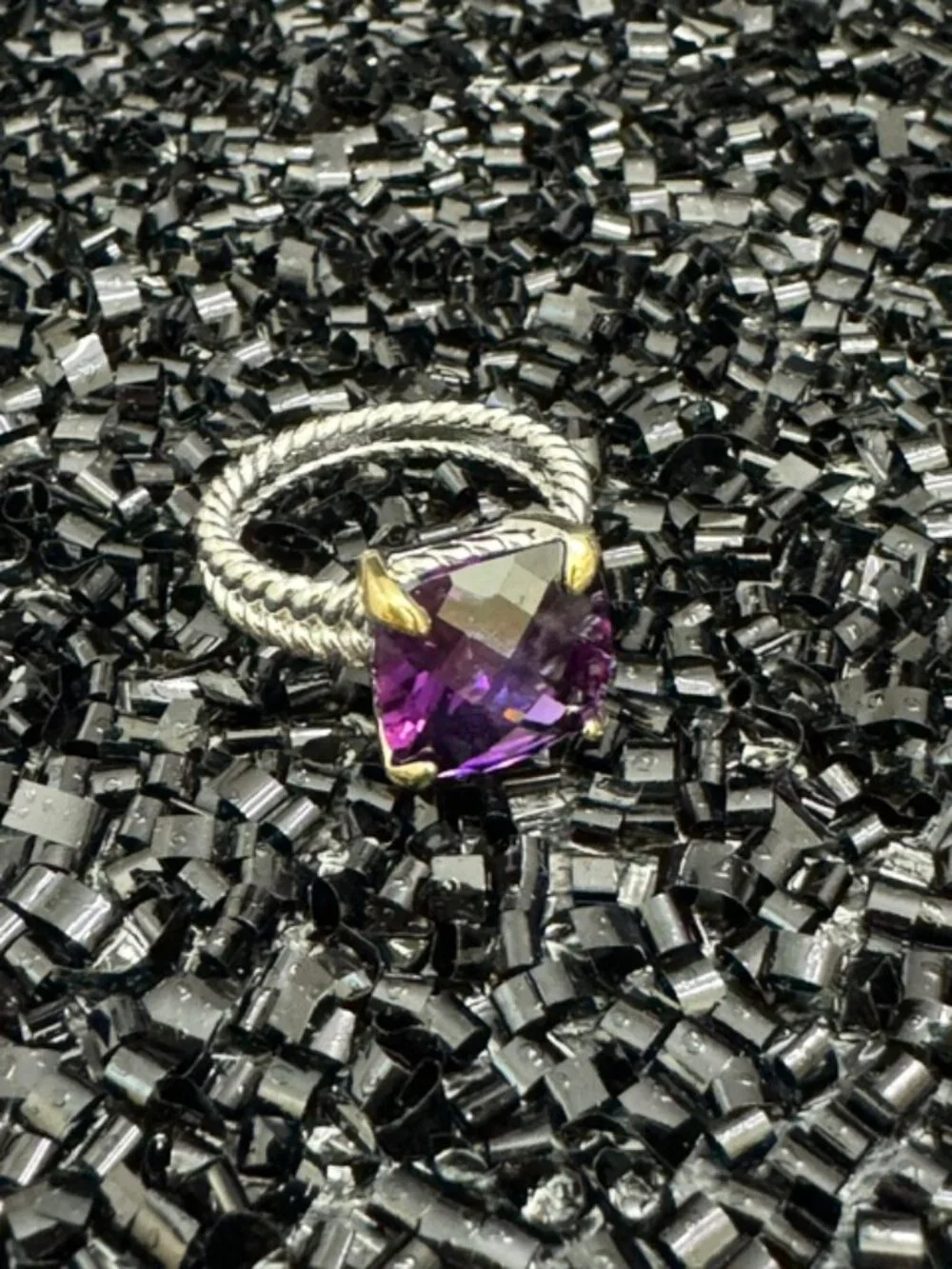 18K White Gold & Yellow Gold Filled Purple AAA CZ Statement Ring Size 7 NWOT