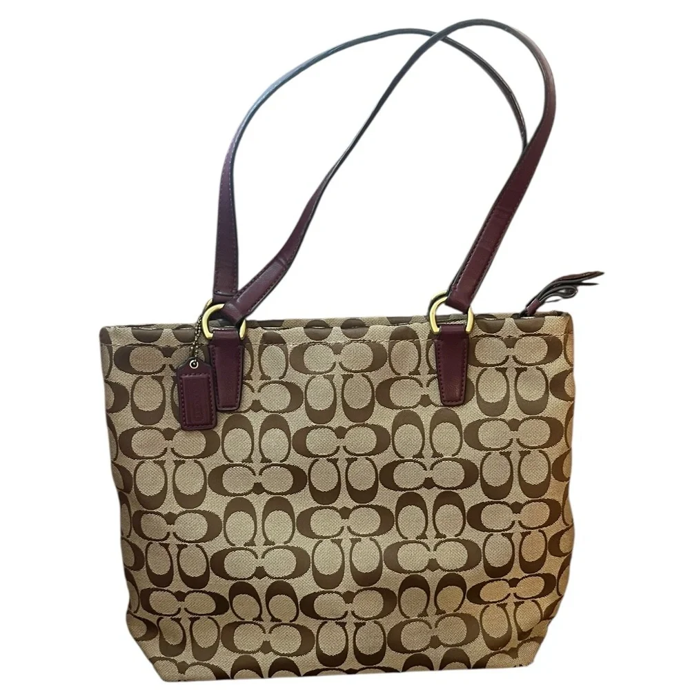 Coach Signature Stripe Khaki Brown Canvas Tote Bag Burgundy Leather Trim F28504