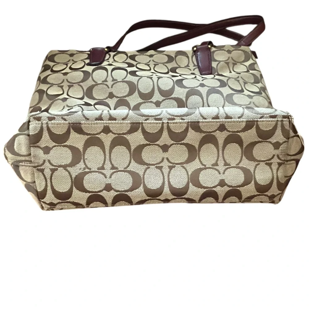 Coach Signature Stripe Khaki Brown Canvas Tote Bag Burgundy Leather Trim F28504