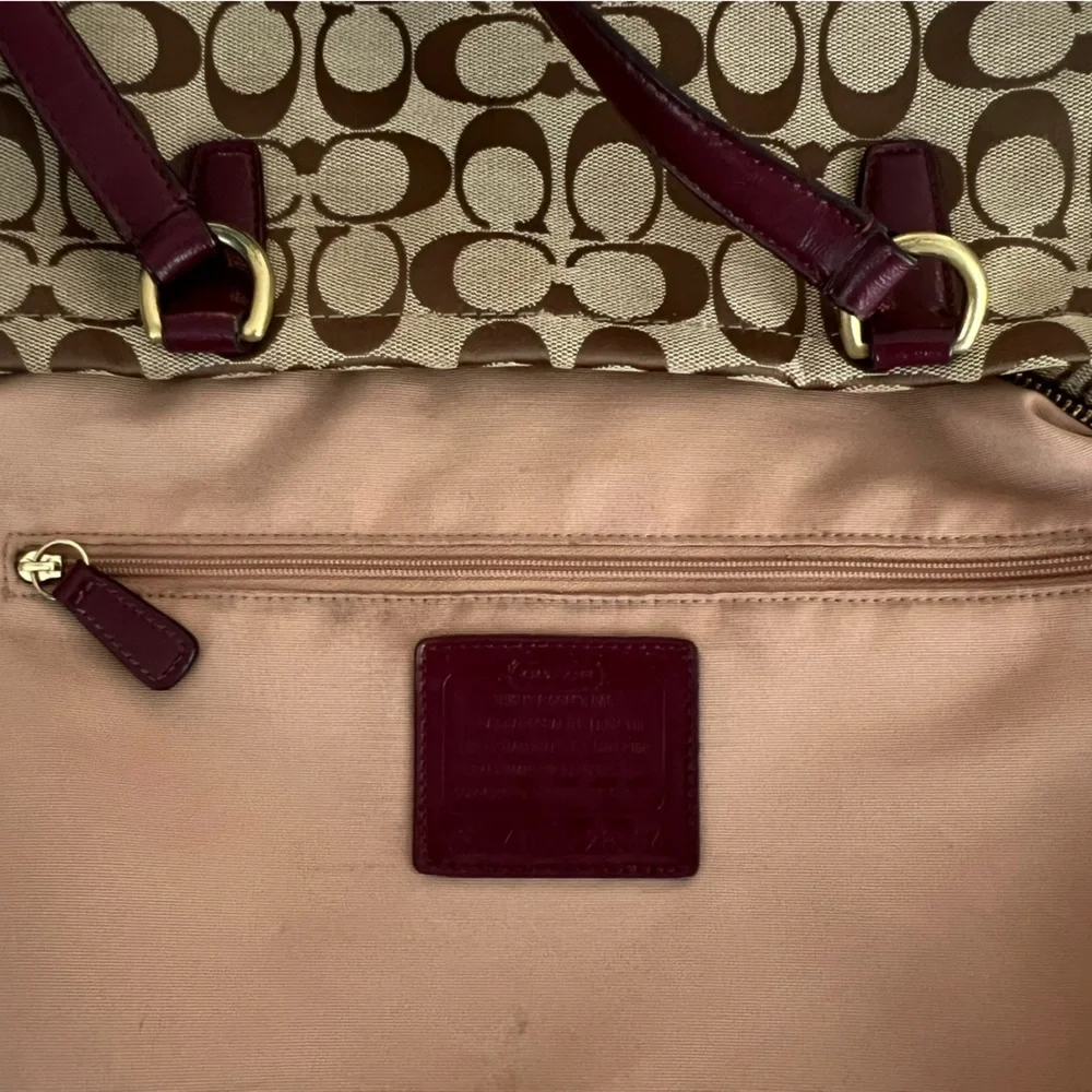 Coach Signature Stripe Khaki Brown Canvas Tote Bag Burgundy Leather Trim F28504