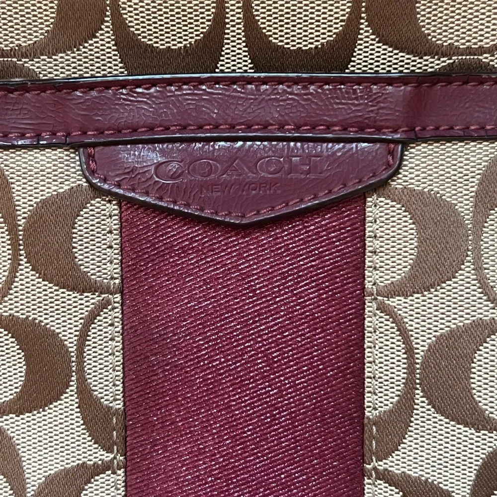 Coach Signature Stripe Khaki Brown Canvas Tote Bag Burgundy Leather Trim F28504
