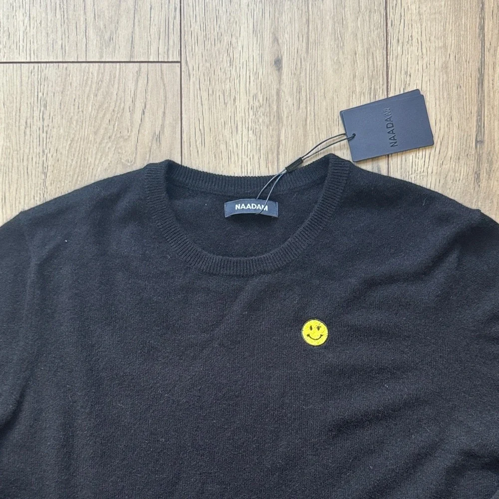 NWT NAADAM Yellow Smiley Face 100% Cashmere Black Crewneck Sweater Men’s 2XL