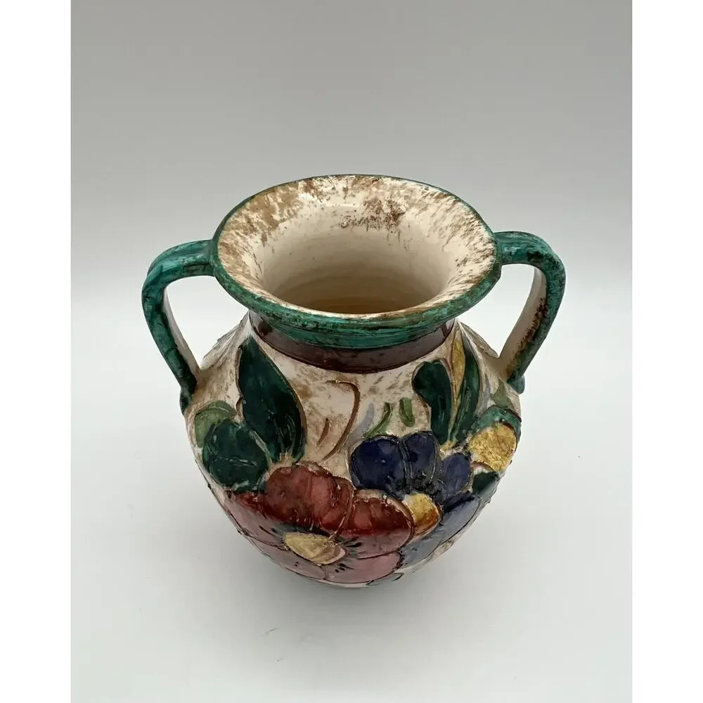 Italian Art Pottery Hand Painted Double Handle Vase 5” Flowers & Boat Signed