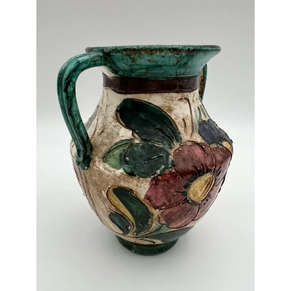 Italian Art Pottery Hand Painted Double Handle Vase 5” Flowers & Boat Signed