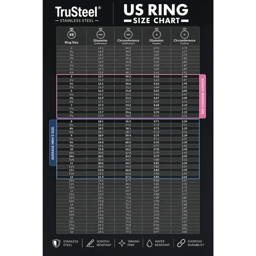 Women’s 316L Stainless Steel Ring Wood Band Comfort Fit Silver 8mm Size 1 2