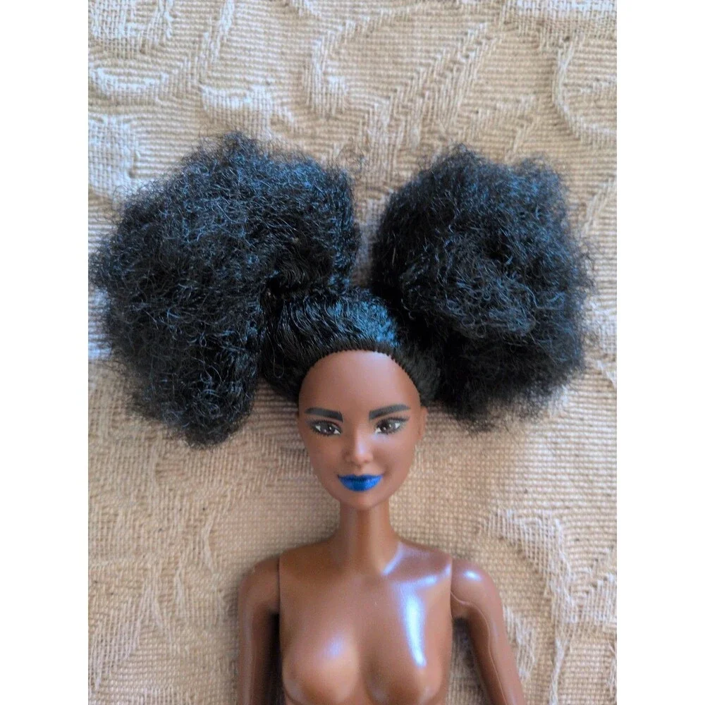 Barbie Doll African American Afro Curly Black Hair Blue Lipstick Lips Nude