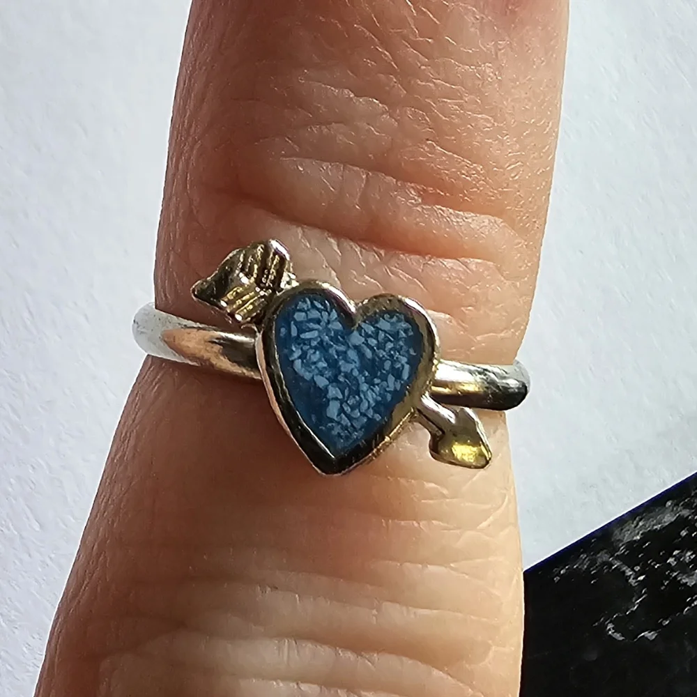 Vintage heart ring crushed turquoise silver tone blue size 3.75