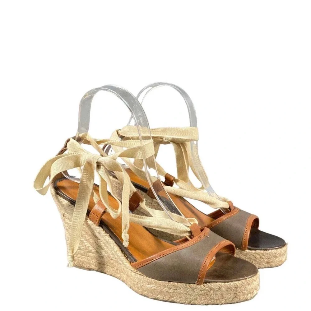 J Crew Tan and Beige Espadrille Wedge Sandals with Ankle Tie