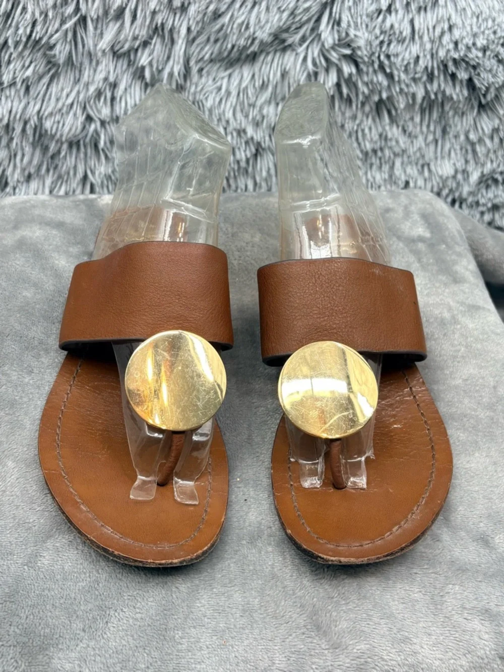 Tory Burch Sandals Womens 7 Patos Disk Brown Leather Slip On Thong