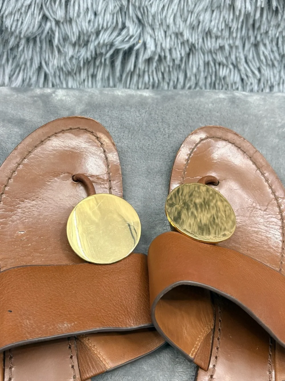 Tory Burch Sandals Womens 7 Patos Disk Brown Leather Slip On Thong