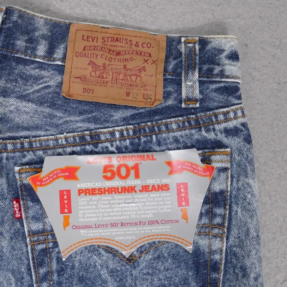 Vtg 80's Levi’s 501 Preshrunk Jeans USA Deadstock NWT 32x34 Button Fly Acid Wash
