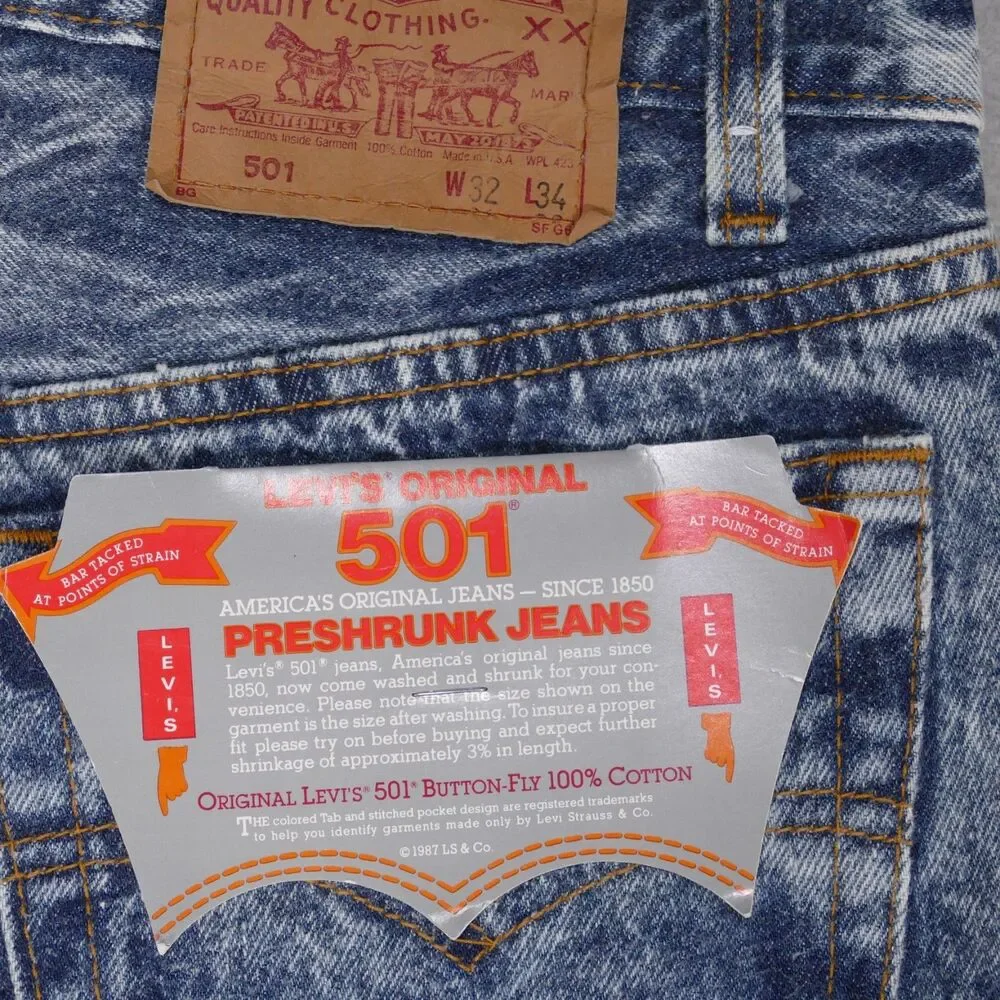 Vtg 80's Levi’s 501 Preshrunk Jeans USA Deadstock NWT 32x34 Button Fly Acid Wash
