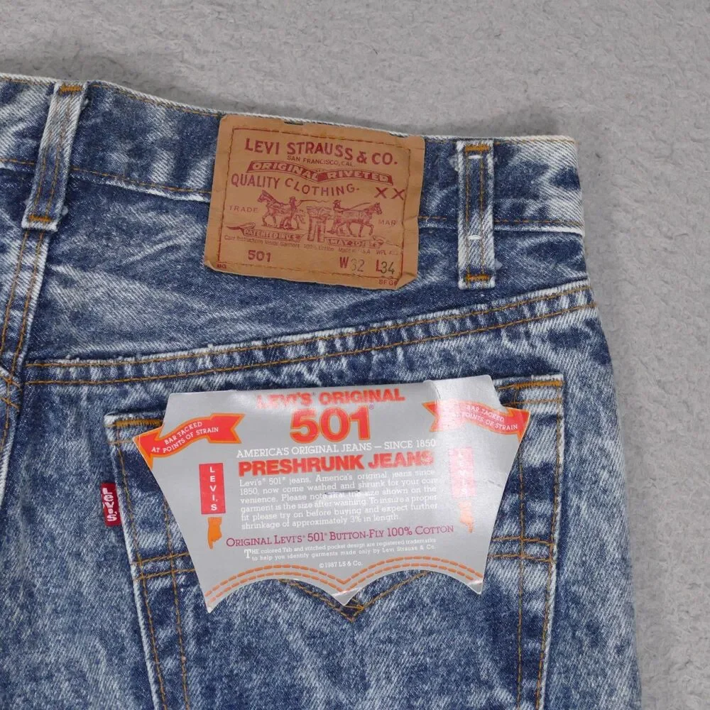 Vtg 80's Levi’s 501 Preshrunk Jeans USA Deadstock NWT 32x34 Button Fly Acid Wash
