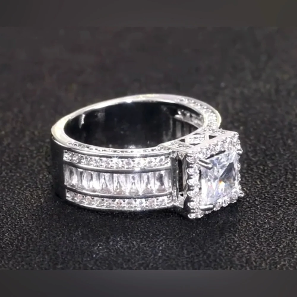 Diamond Zircon Ring with 4 Prong Halo setting, New, Size 6