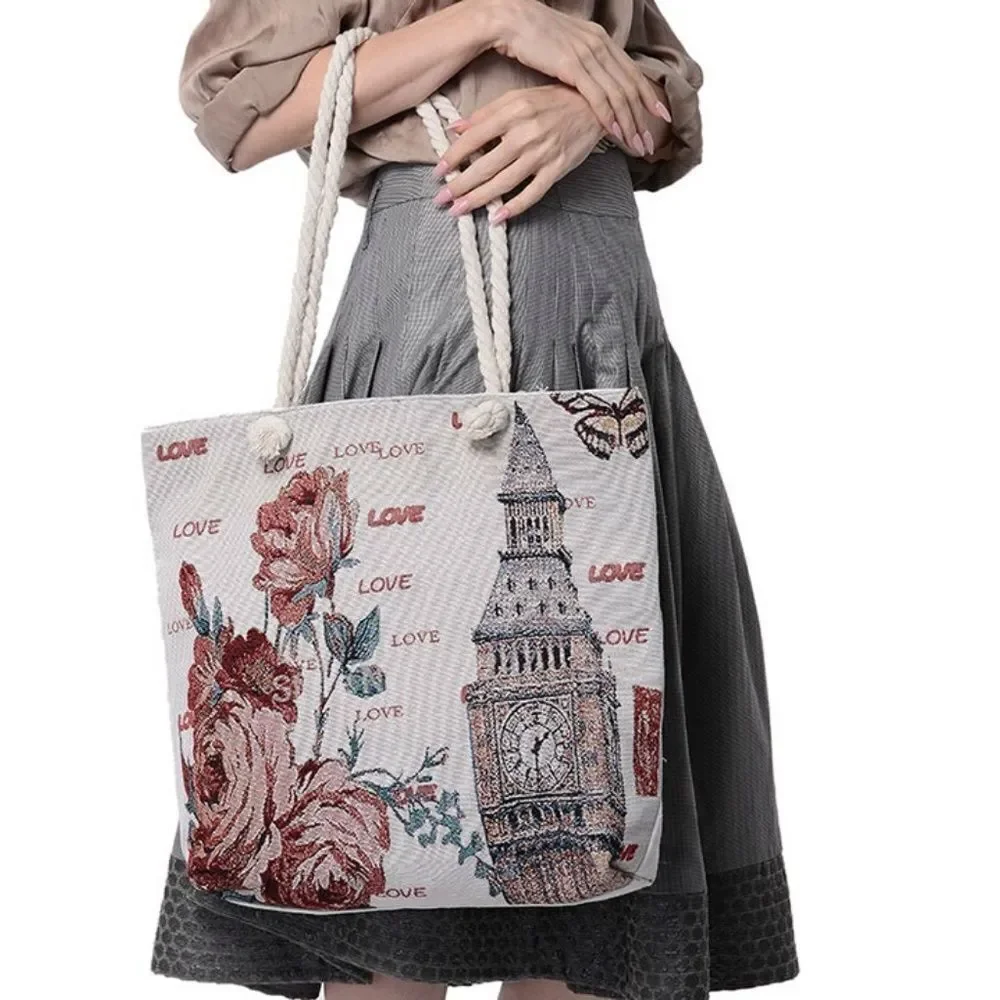 Tote Bag Off White with Big Ben Flower Love