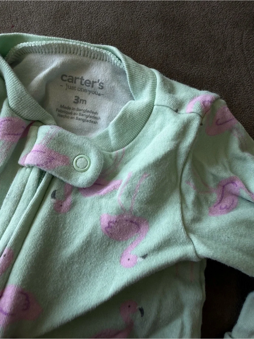 Carters Mint Green Footed Baby One-Piece with Pink Flamingo Accents