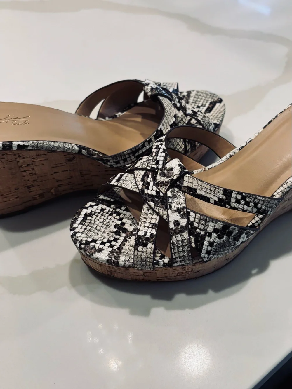 Thalia Sodi Black & White Snake-Print Cork Wedge Sandals
