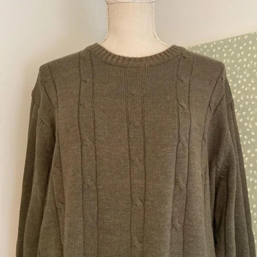 Oscar de la Renta Olive Green Long Sleeve Cable Knit Sweater Size Large