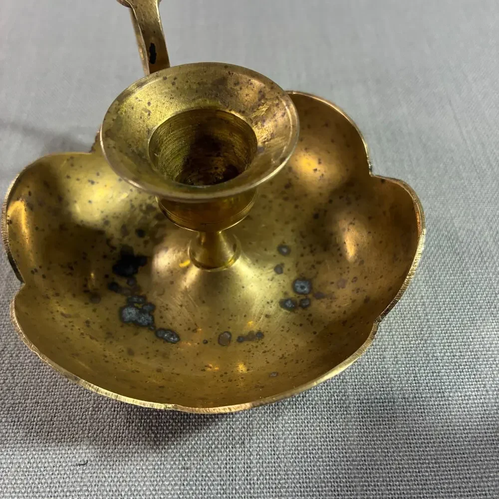 Vintage Solid Brass Chamberstick Finger Loop Candle Holder Scalloped Drip Tray