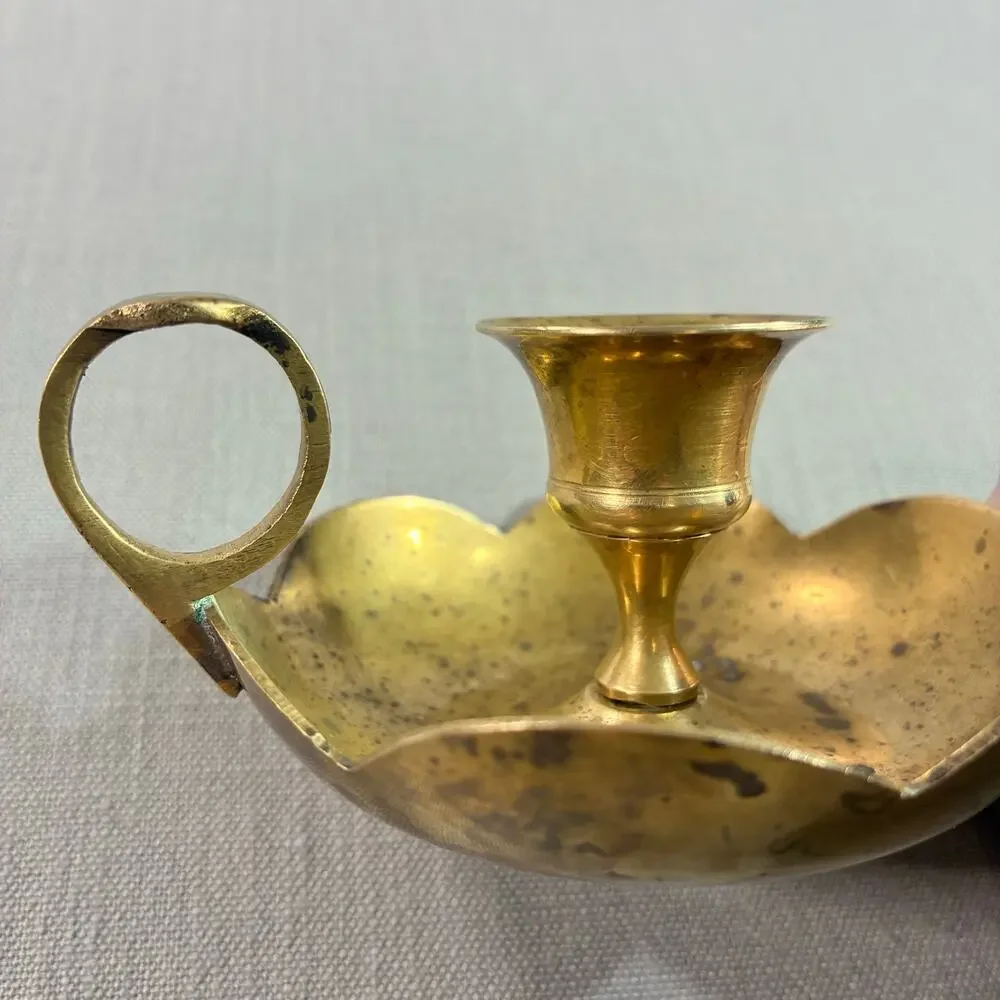 Vintage Solid Brass Chamberstick Finger Loop Candle Holder Scalloped Drip Tray