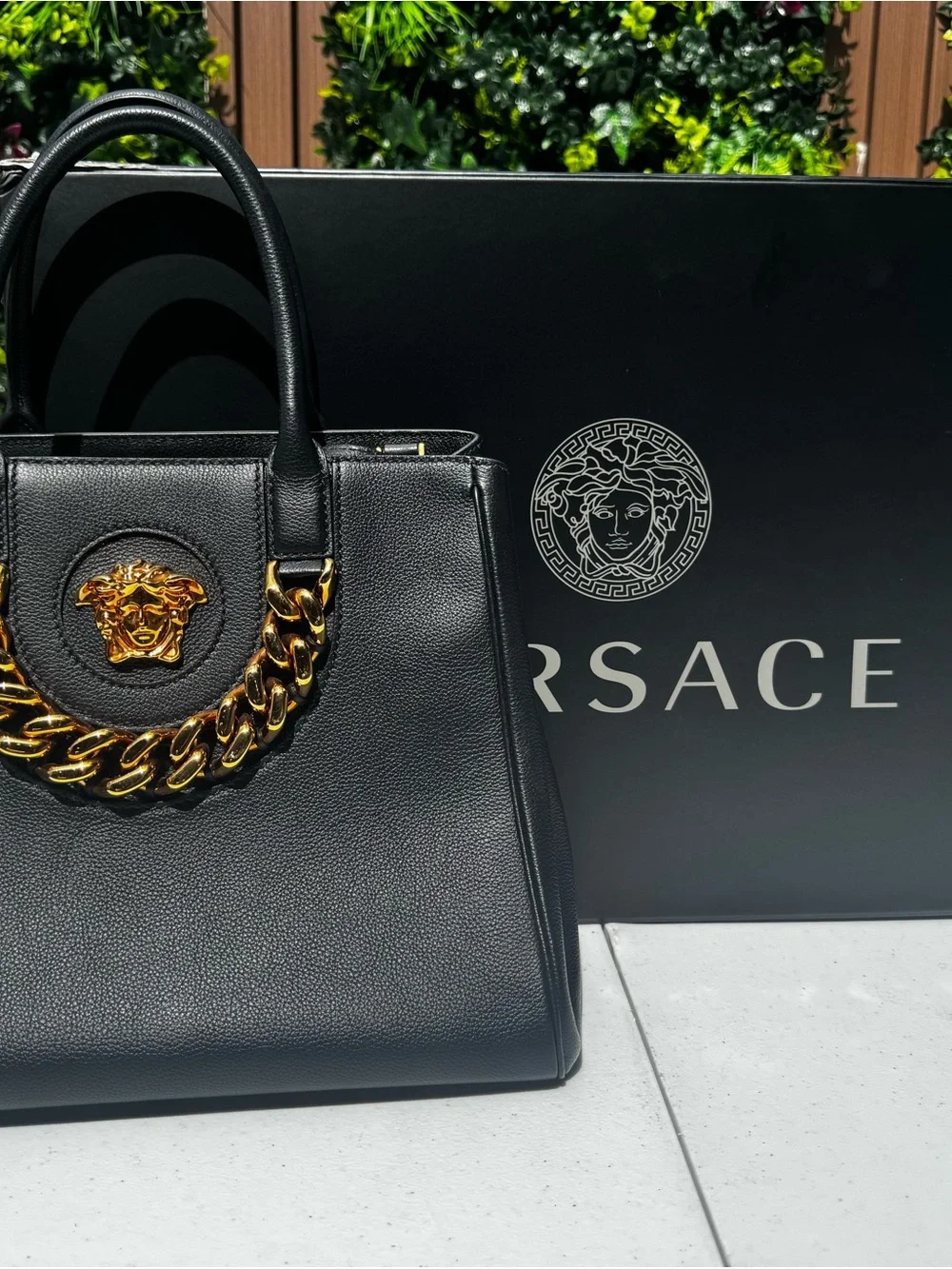 “Authentic Versace Medusa Black Leather Tote Gold Chain w/ Box and Dust bag”