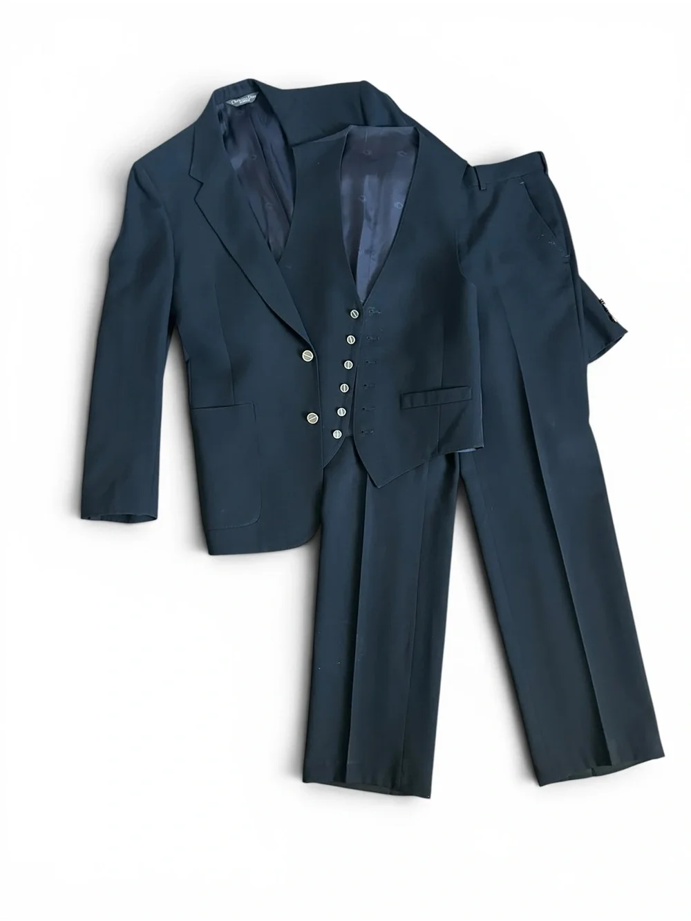 1970s DIOR 3 Puice Suit Logo Button, Flat Front pant 42L 34x34 UNION MADE