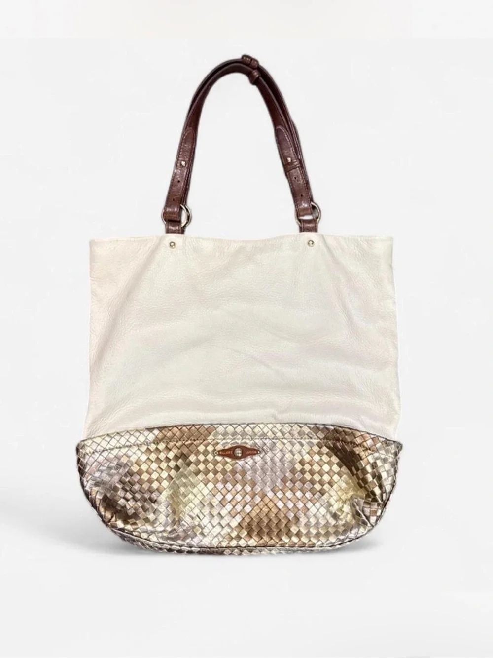 Elliot Lucca Cream Leather Tote Metallic Woven bottom Accent Brown Handles