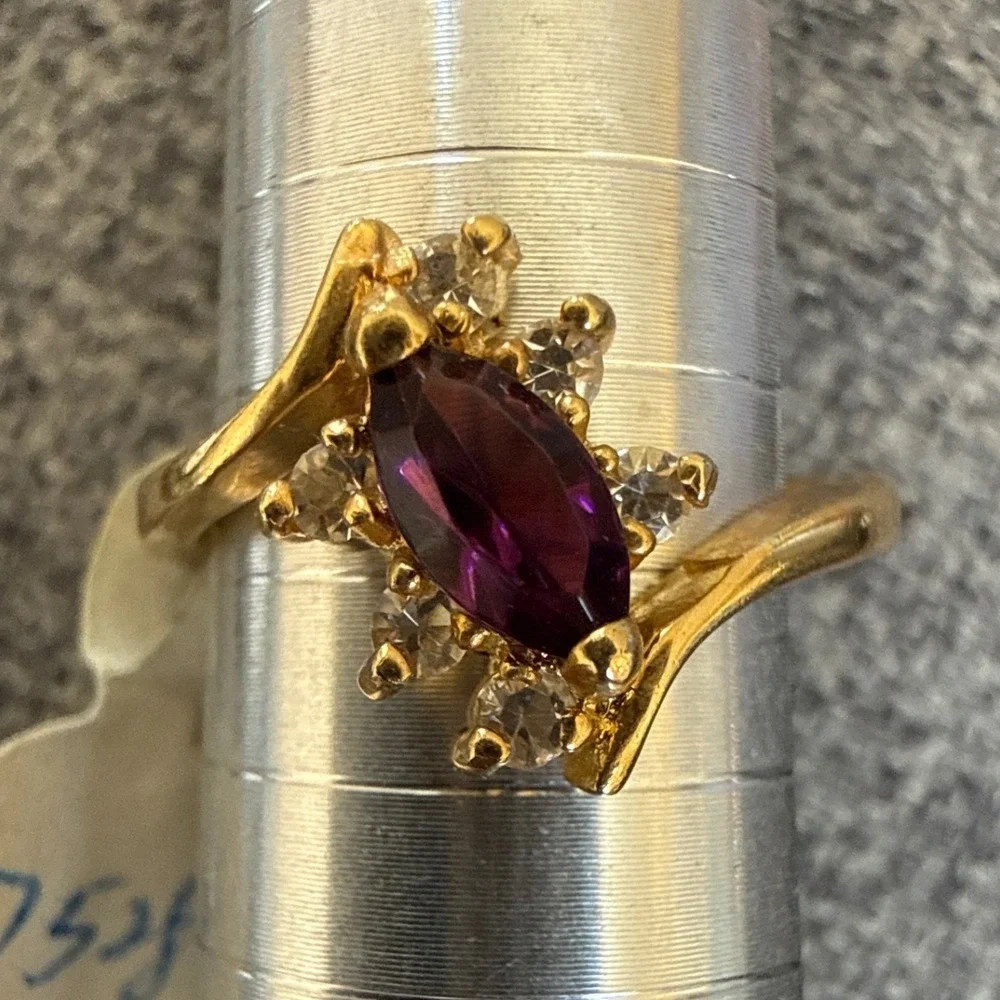Vintage Gold Marquise size 6.5  amethyst Cocktail Ring Clear Accents signed BB‎
