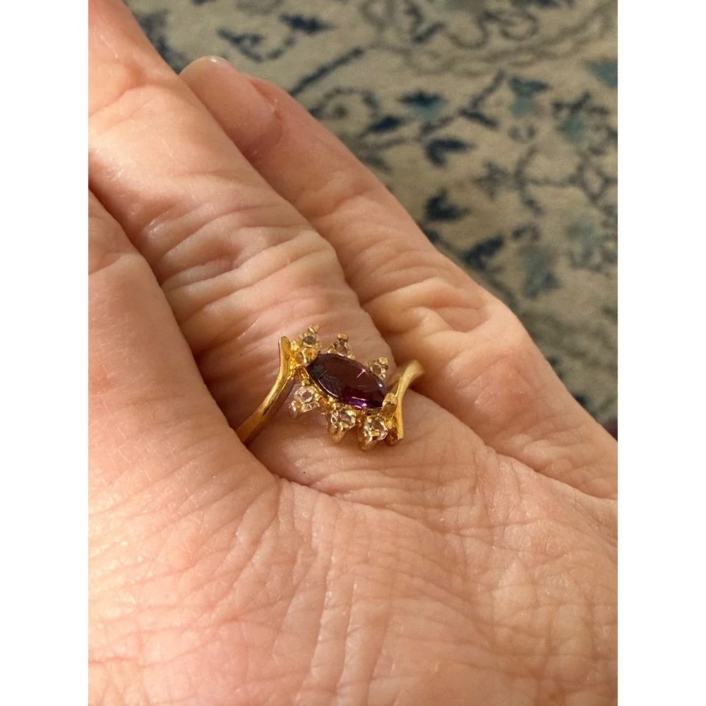 Vintage Gold Marquise size 6.5  amethyst Cocktail Ring Clear Accents signed BB‎