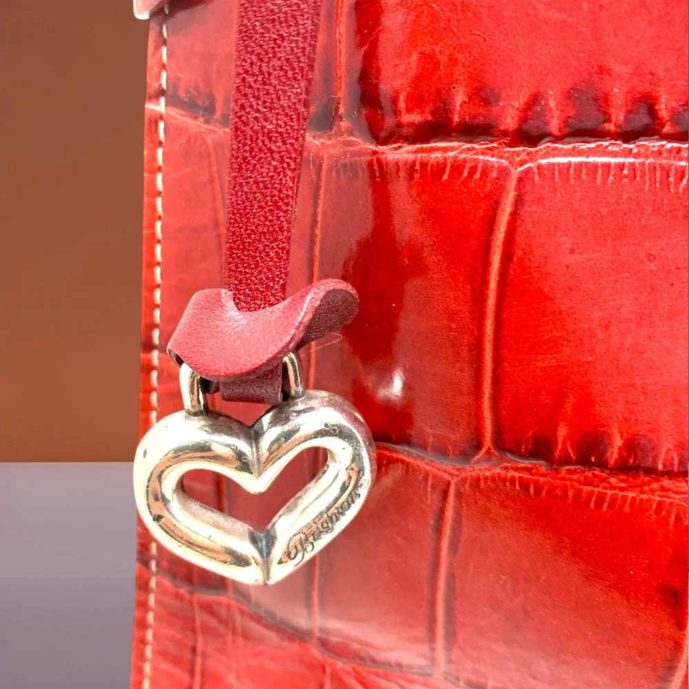 Brighton Muse Red Croc Embossed Patent Leather Shoulder Bag Heart Charm Braided