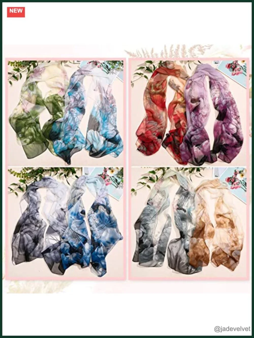8 Pcs Lightweight Georgette Scarves Floral Lotus Pattern Long Shawl Wrap