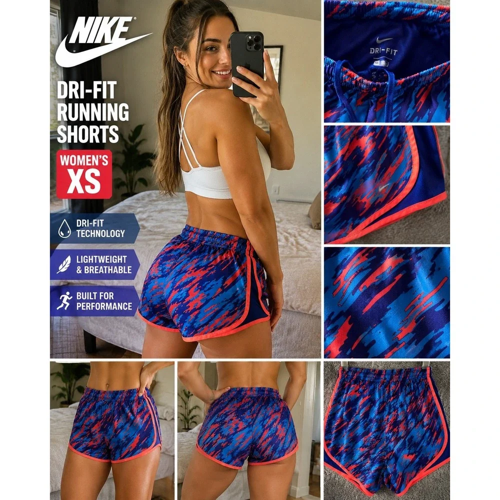 Nike Dri-FIT Running Shorts Womens XS Blue Orange Abstract Camo Athletic Gym