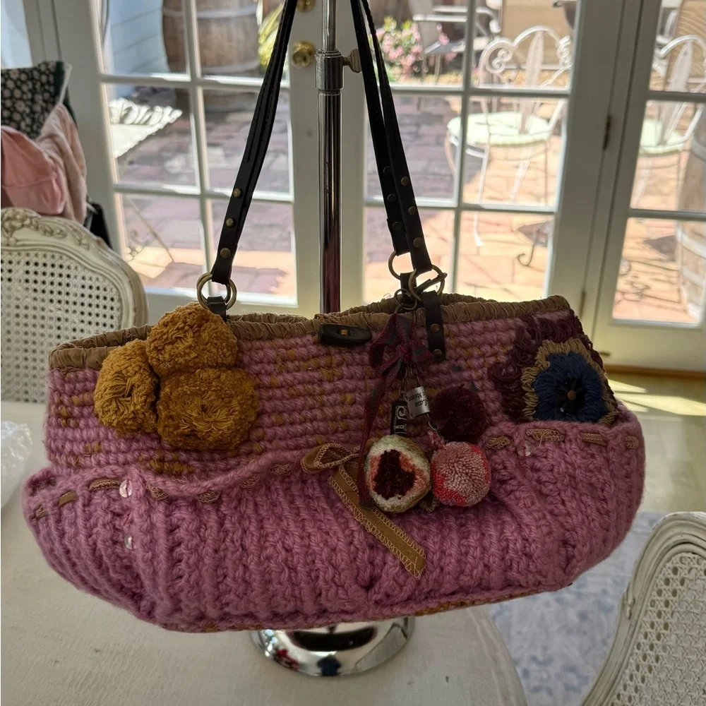 Handcrafted Pink Knit Tote Bag with Floral Pom Details