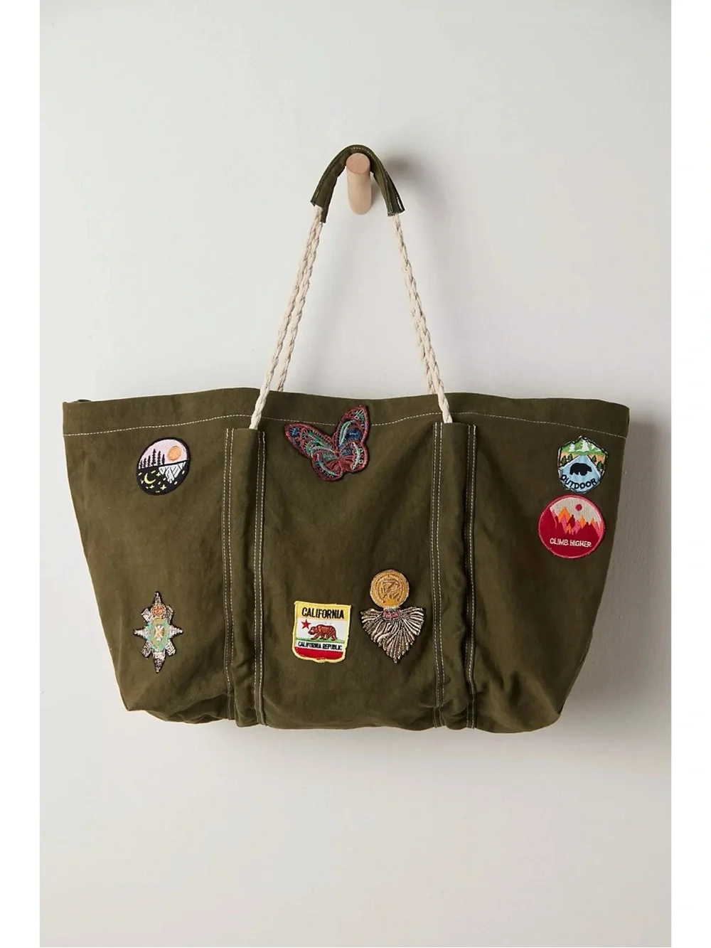 Free People Oversized Bohemian Been There Badge Tote Bag  Army Green NWT Patches