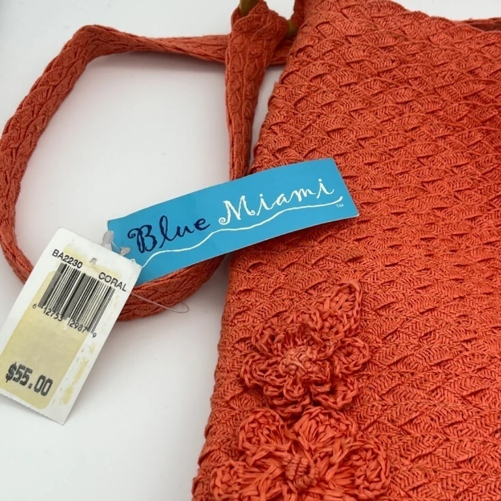 NWT Blue Miami Corral Woven Bag with Shell Flower and Wooden Ring Accents