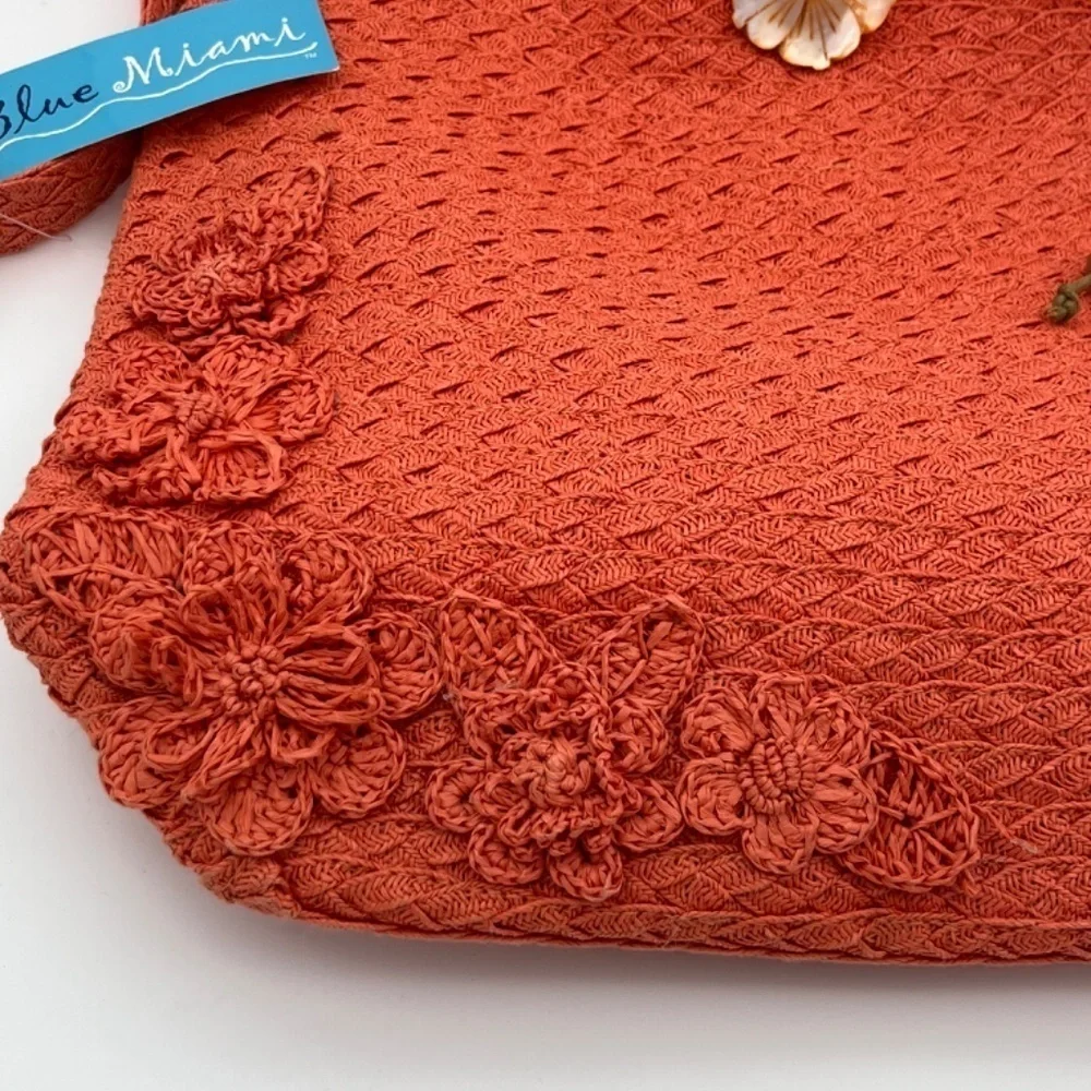 NWT Blue Miami Corral Woven Bag with Shell Flower and Wooden Ring Accents