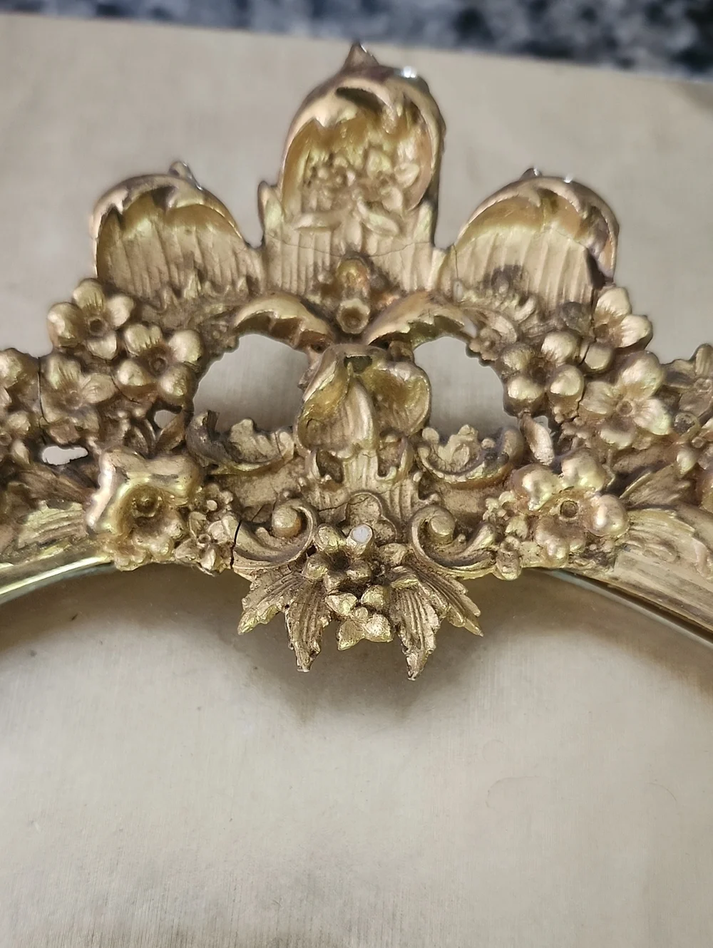 Antique Louis XVI Style Gilded Ornate Gold Oval Picture Frame with Floral Crest