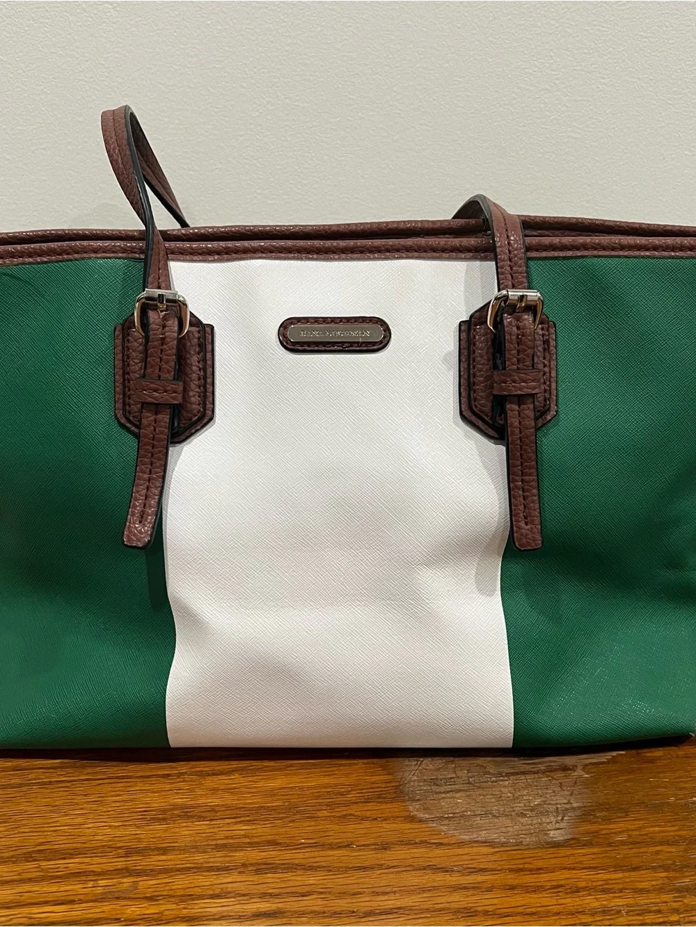 Dana Buchman Green White Color Block Faux Patent Leather Danny Shopper Purse