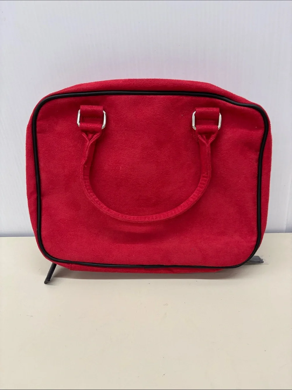 Lancome Red Suede Cosmetics Tote with Black Trim